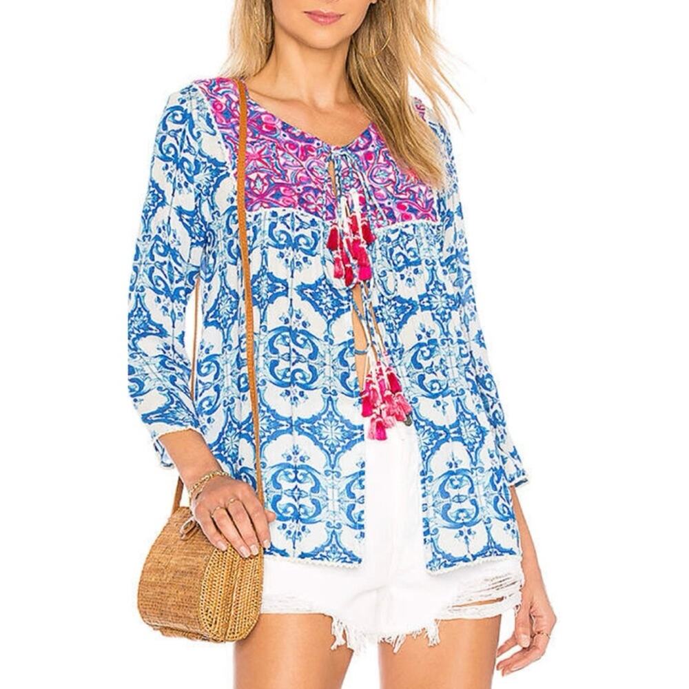 Hemant & Nandita Blue Pink Embroidered Beaded Tassel Tie Cape Top Women’s Small - Picture 11 of 11